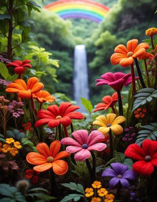 The primary subject of the image is a beautiful garden with a variety of colorful flowers. The setting is a lush green forest, providing a natural and serene backdrop. The visual style of the image is a combination of photo and digital art, creating a vibrant and realistic representation of the garden. The dominant colors in the image are orange, purple, and yellow, creating a warm and inviting atmosphere.